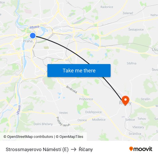 Strossmayerovo Náměstí (E) to Říčany map