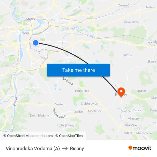 Vinohradská Vodárna (A) to Říčany map