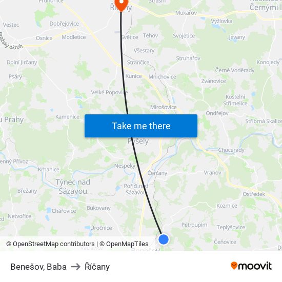 Benešov, Baba (A) to Říčany map