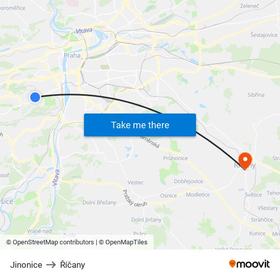 Jinonice to Říčany map