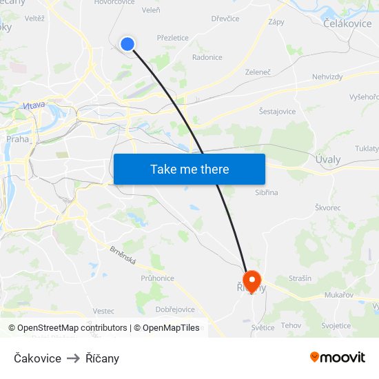Čakovice to Říčany map