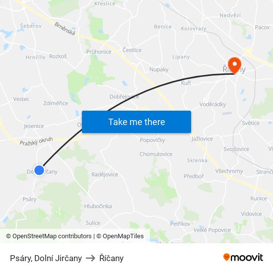 Psáry, Dolní Jirčany to Říčany map
