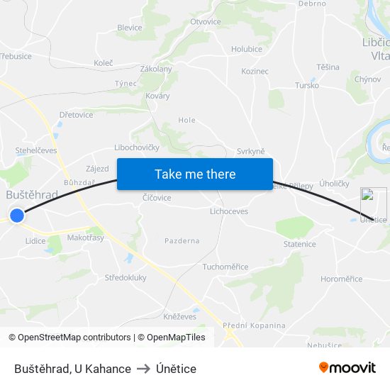 Buštěhrad, U Kahance to Únětice map