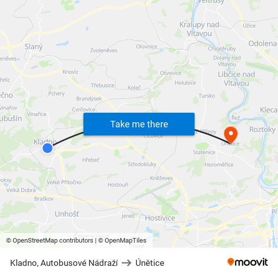 Kladno, Autobusové Nádraží to Únětice map