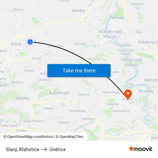 Slaný, Blahotice to Únětice map