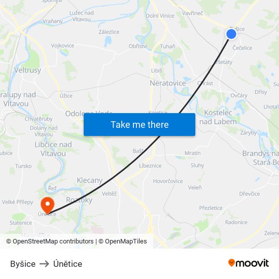 Byšice to Únětice map