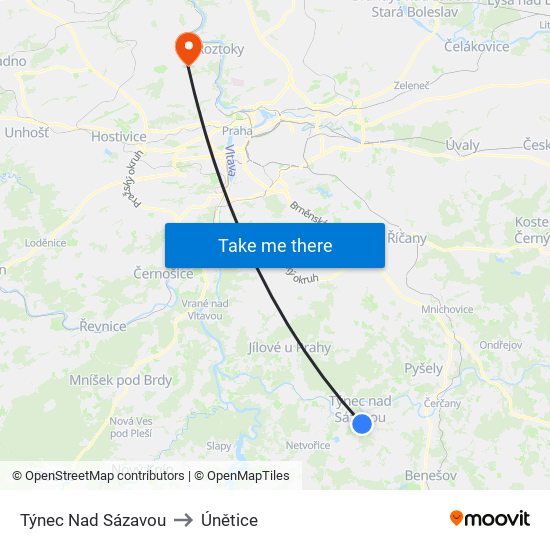 Týnec Nad Sázavou to Únětice map