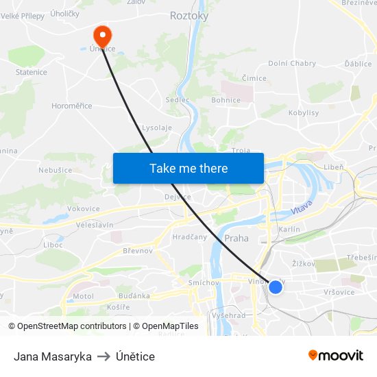 Jana Masaryka to Únětice map