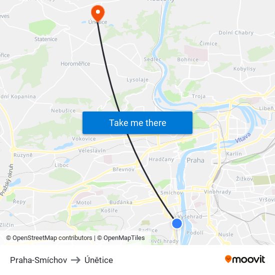 Praha-Smíchov to Únětice map