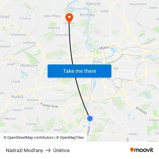 Nádraží Modřany to Únětice map