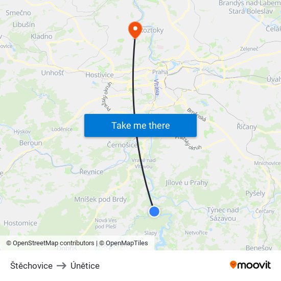 Štěchovice to Únětice map