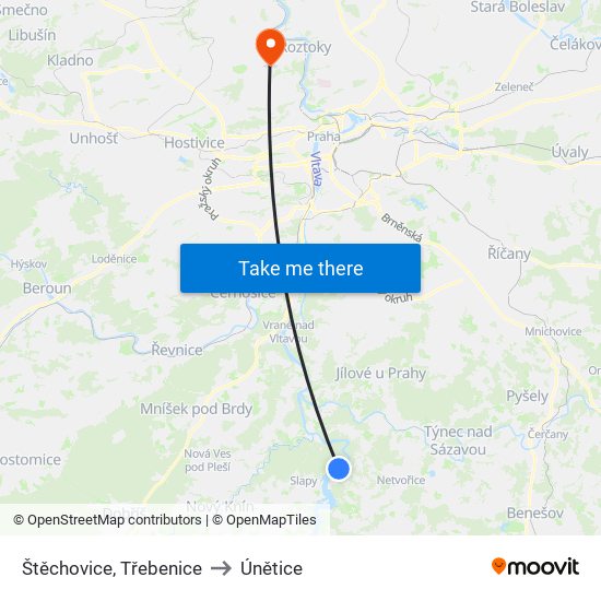 Štěchovice, Třebenice to Únětice map