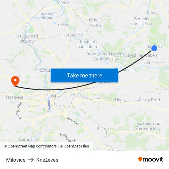 Milovice to Kněževes map