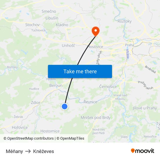 Měňany to Kněževes map