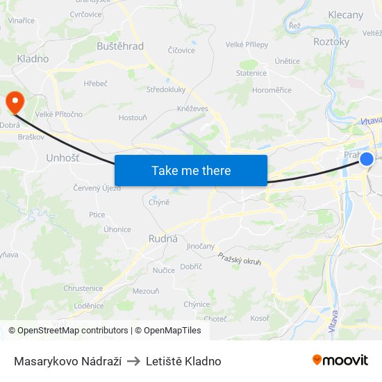 Masarykovo Nádraží to Letiště Kladno map