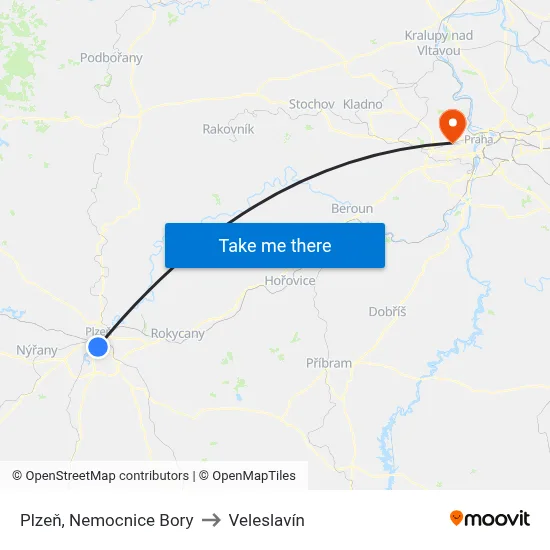 Plzeň, Nemocnice Bory to Veleslavín map