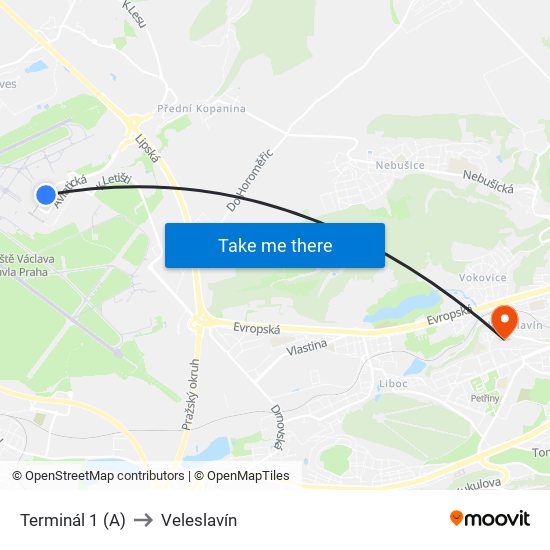 Terminál 1 to Veleslavín map