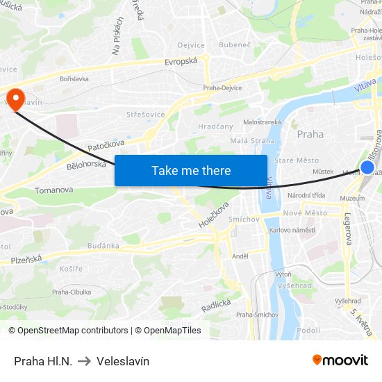 Praha Hl.N. to Veleslavín map