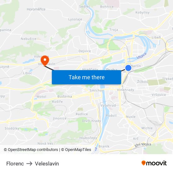 Florenc to Veleslavín map