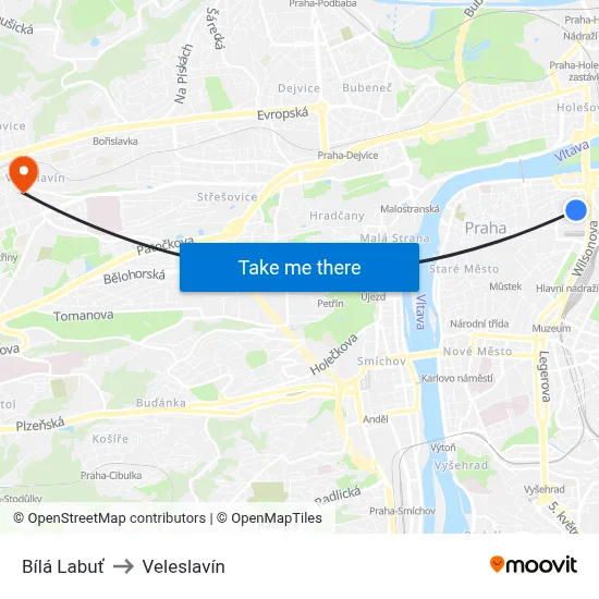 Bílá Labuť to Veleslavín map