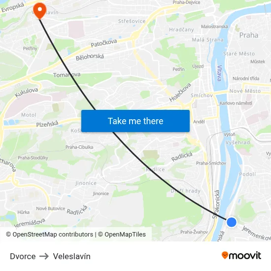 Dvorce to Veleslavín map
