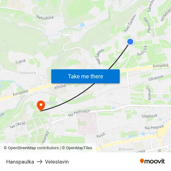 Hanspaulka to Veleslavín map