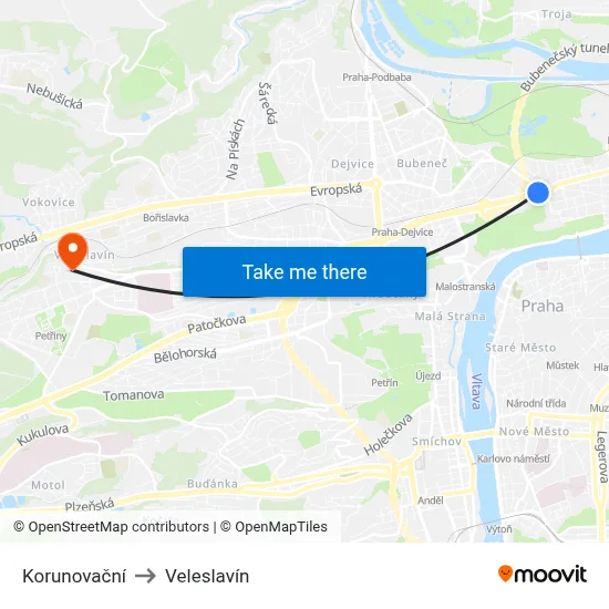 Korunovační to Veleslavín map