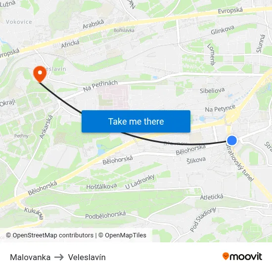 Malovanka to Veleslavín map