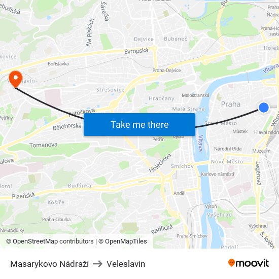 Masarykovo Nádraží to Veleslavín map