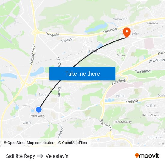Sídliště Řepy to Veleslavín map