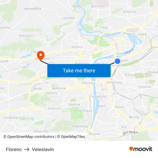 Florenc to Veleslavín map