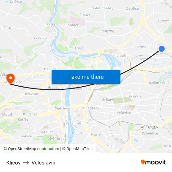 Klíčov to Veleslavín map