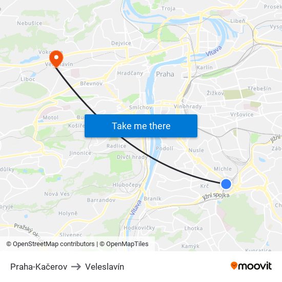 Praha-Kačerov to Veleslavín map