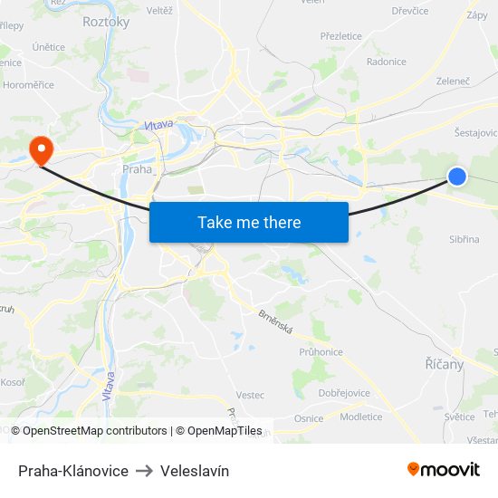 Praha-Klánovice to Veleslavín map