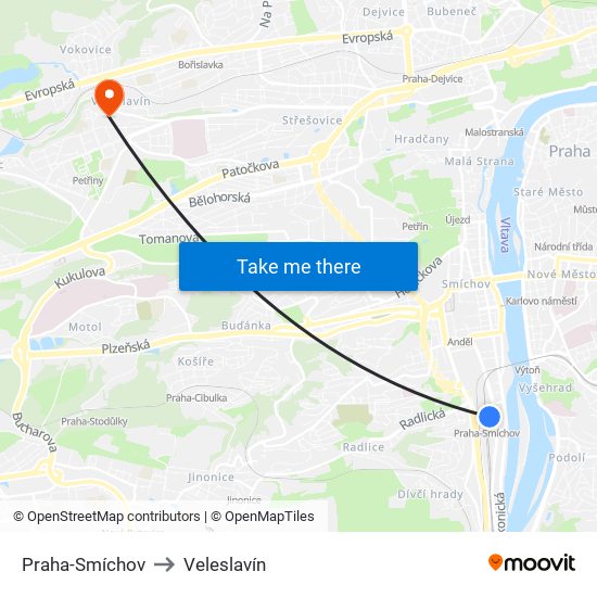 Praha-Smíchov to Veleslavín map