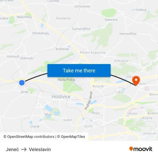 Jeneč to Veleslavín map