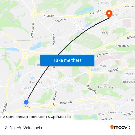 Zličín to Veleslavín map
