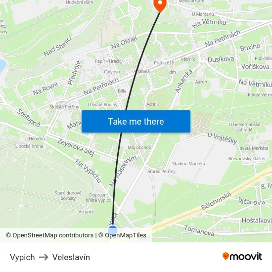 Vypich to Veleslavín map