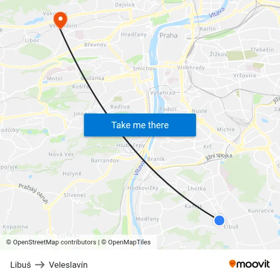 Libuš to Veleslavín map