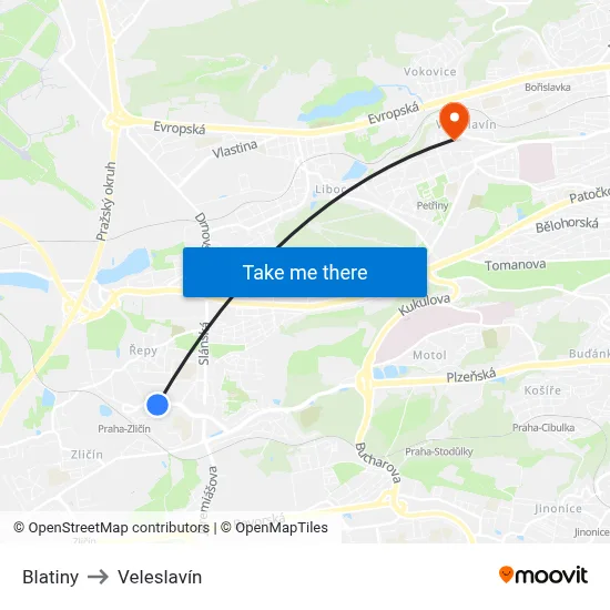 Blatiny to Veleslavín map