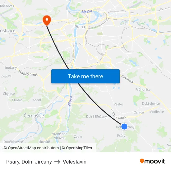Psáry, Dolní Jirčany to Veleslavín map