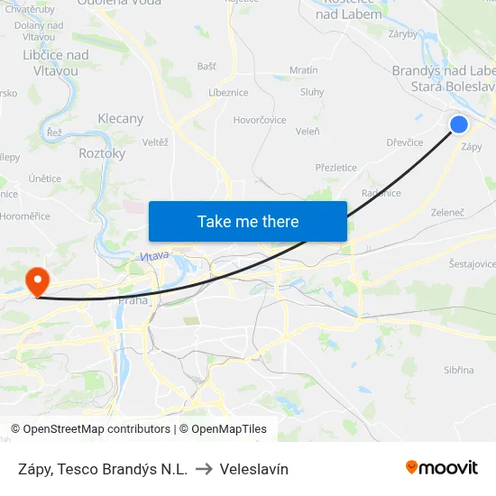 Zápy, Tesco Brandýs N.L. to Veleslavín map