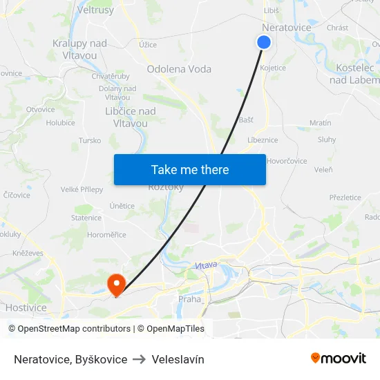 Neratovice, Byškovice to Veleslavín map