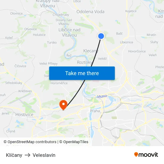 Klíčany to Veleslavín map