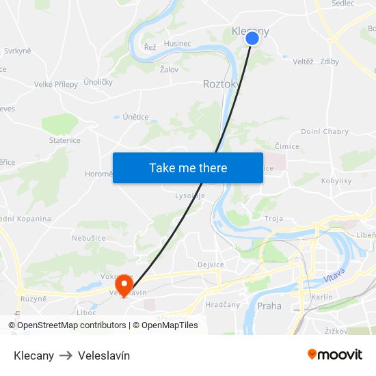 Klecany to Veleslavín map