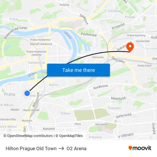 Hilton Prague Old Town to O2 Arena map