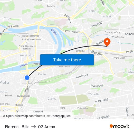 Florenc - Billa to O2 Arena map