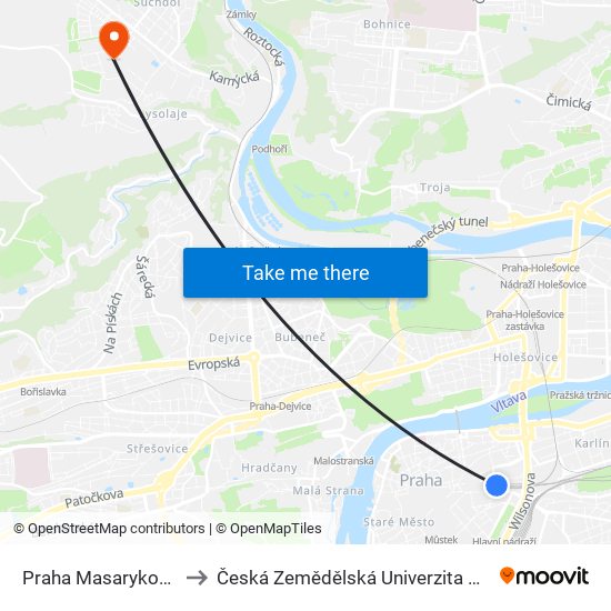 Praha Masarykovo N. to Česká Zemědělská Univerzita V Praze map