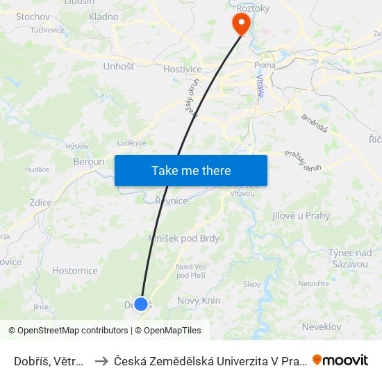 Dobříš, Větrník to Česká Zemědělská Univerzita V Praze map