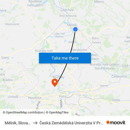 Mělník, Slovany (B) to Česká Zemědělská Univerzita V Praze map